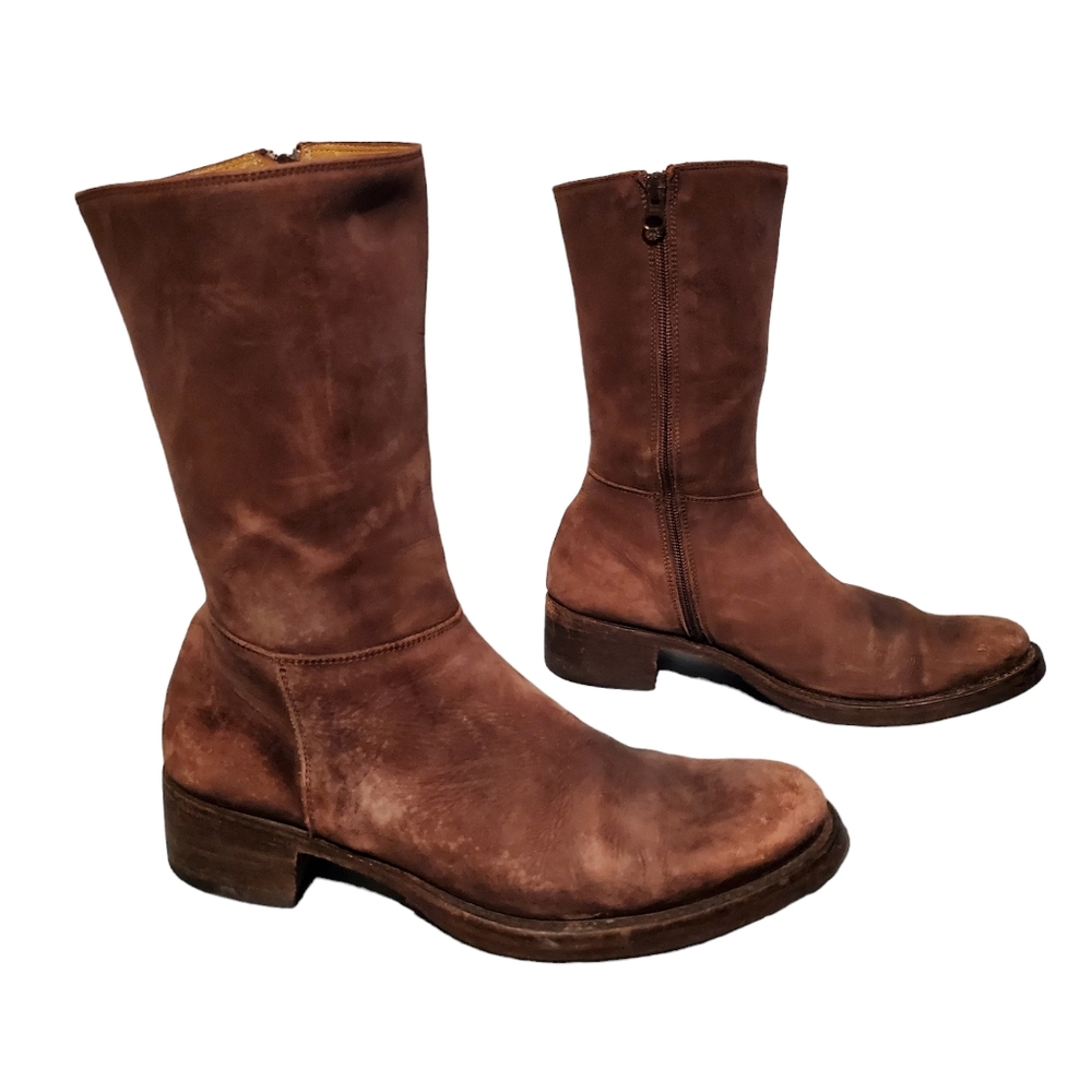 Libero Brown Calf Leather Side Zip Moto Calf-High Riding Boots Women's Size 9.5